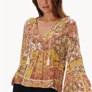 Rip Curl Patchwork V-Neck Blouse - Pink, Yellow, Cream Wanderer Long Sleeve Top